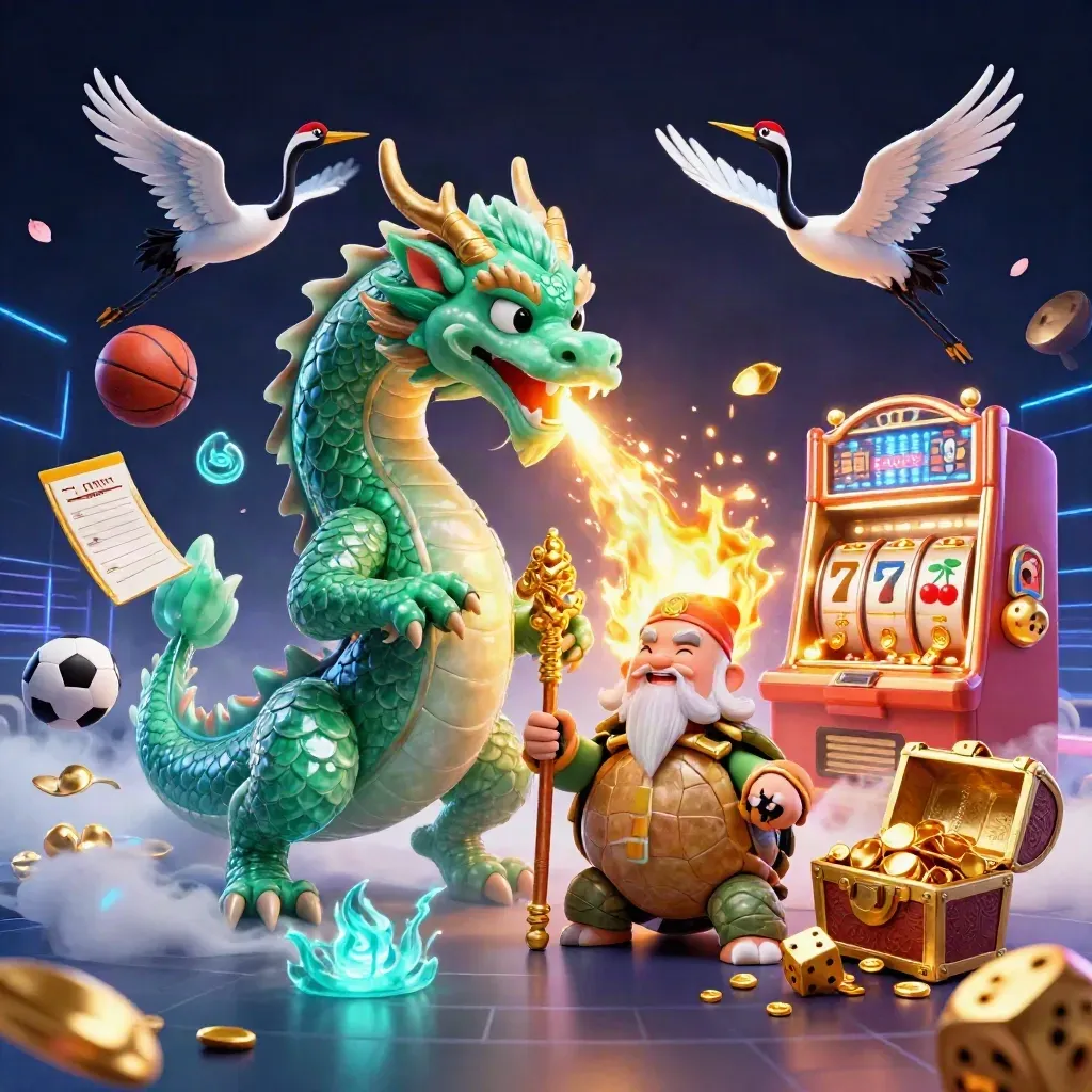 Jade dragon, turtle sage and cranes amid explosive casino symbols, balls and neon light.