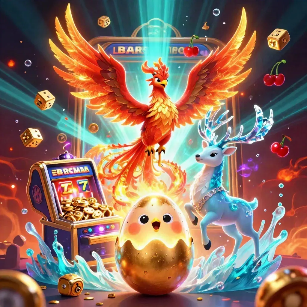 Phoenix, baby hatchling, and crystal-antler stag amid exploding casino treasure and aqua neon glow.