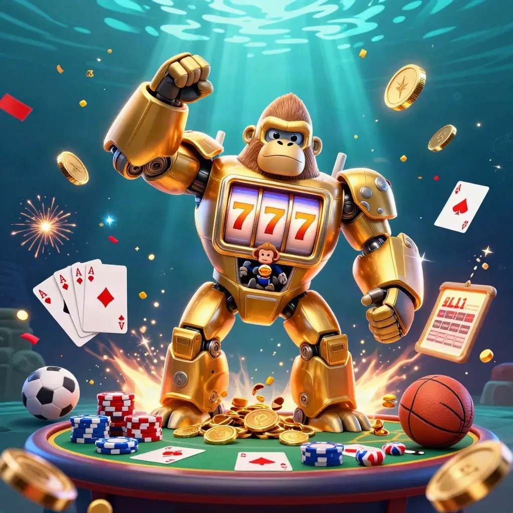 Golden gorilla mech with coins, poker gear, sports bets, and neon underwater casino glow