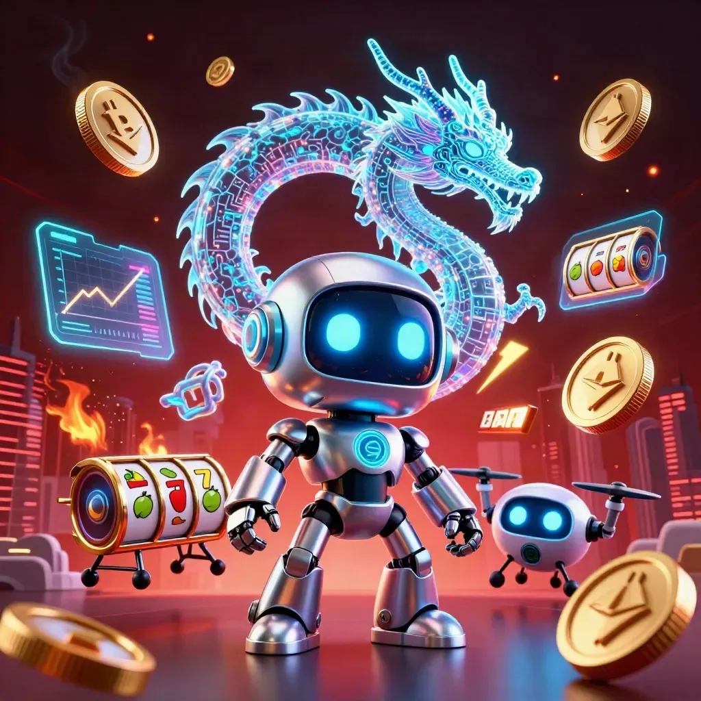 Chrome robot, holographic dragon and coin drone amid neon casino effects on a dark skyline